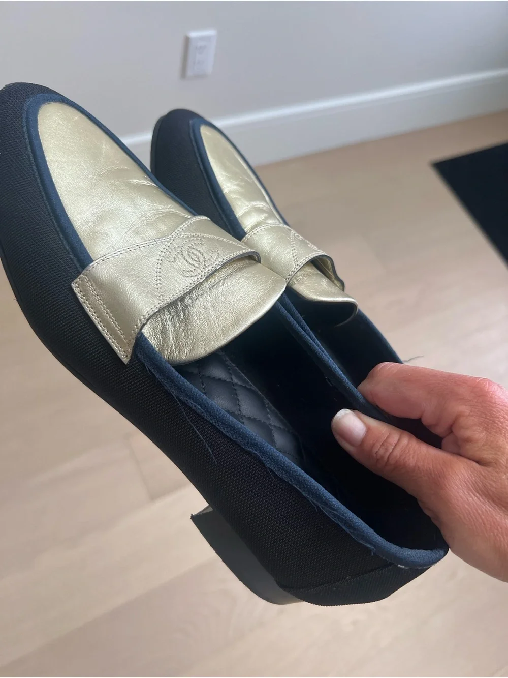 CHANEL Quilted-Trim Leather Penny Loafers